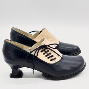 John Fluevog Wearever Merci Navy Beige Leather Heels